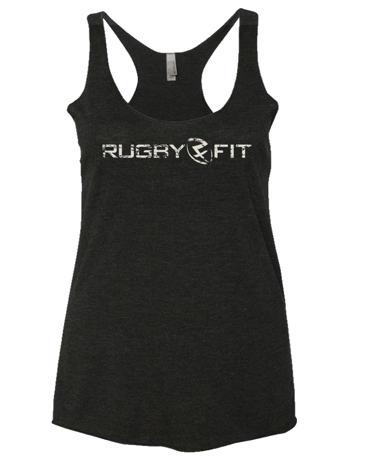 RugbyFit Simple Ladies Racerback Tank (Cement on Vintage Black)